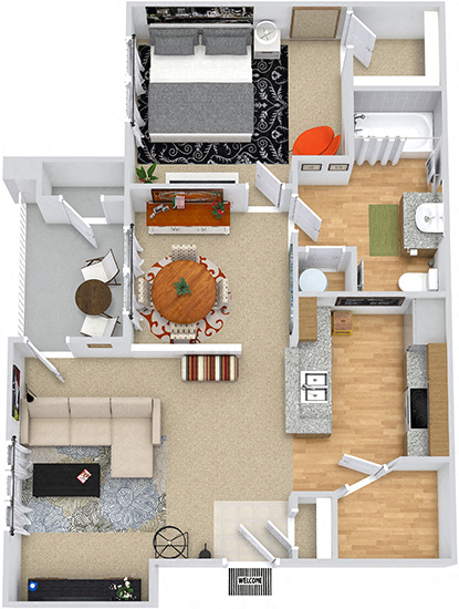 Floor plan for 1 bed, 1 bath, 751 sqft